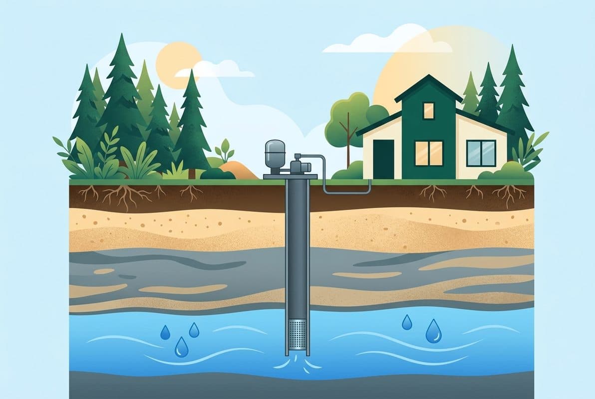 Cross-section illustration of an East Texas private well reaching through sandy clay layers into the Carrizo-Wilcox aquifer below pine forest and rural homes.