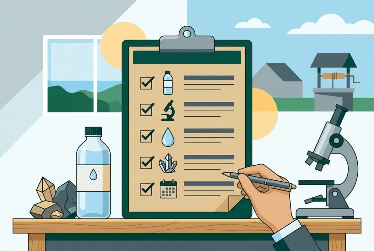 An illustrated private well water testing checklist with bottles, lab forms, and icons for bacteria, nitrates, salinity, and arsenic without readable text.