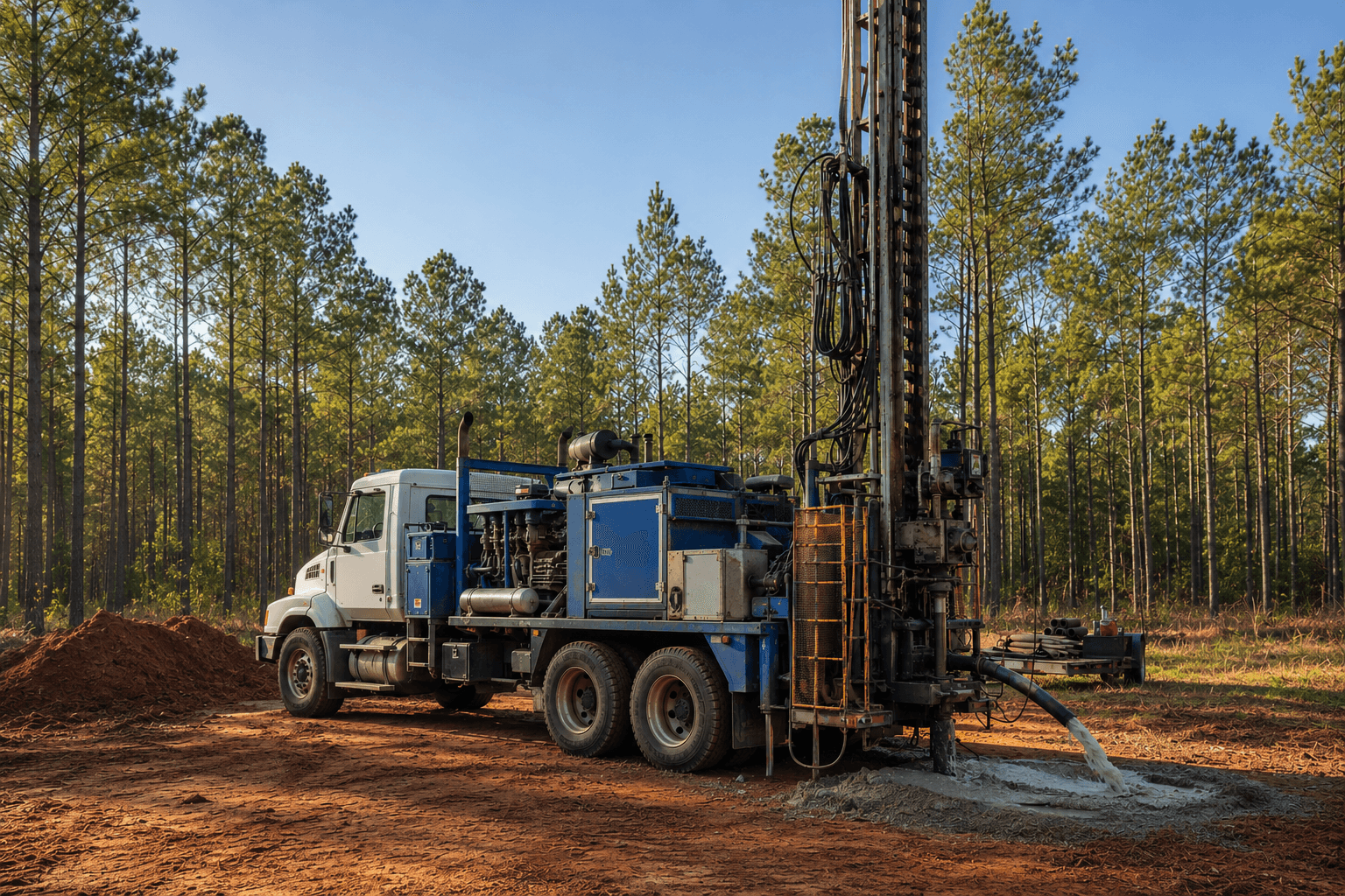 Water well drilling rig operating on a rural East Texas property in Angelina County