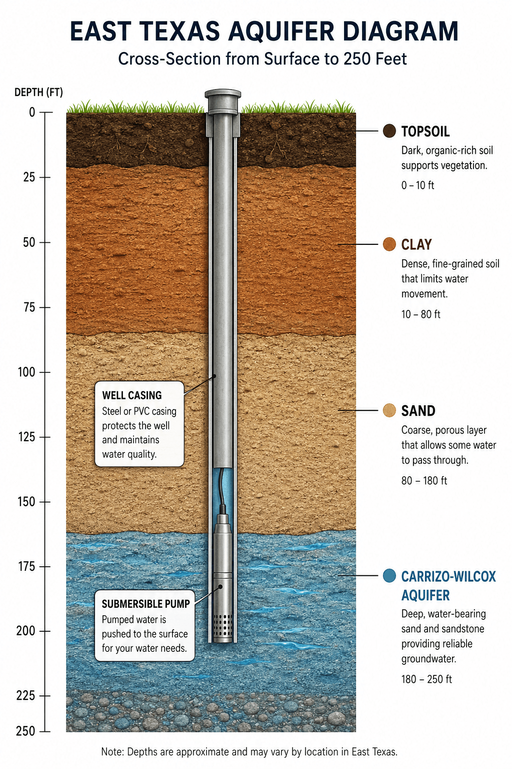 East Texas aquifer cross-section diagram showing Carrizo-Wilcox aquifer depth at 180-250 feet