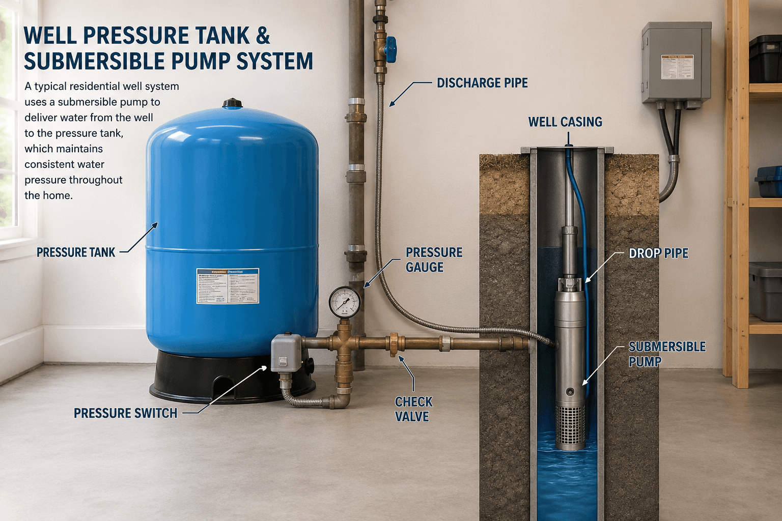 Residential well pressure tank and submersible pump system diagram