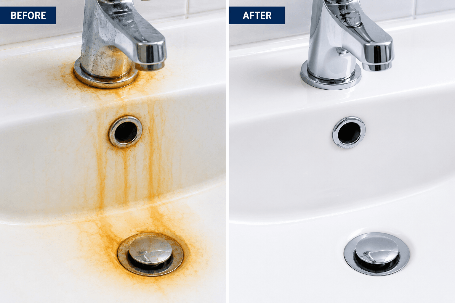 Before and after showing orange iron stains on a bathroom sink caused by high-iron well water in East Texas