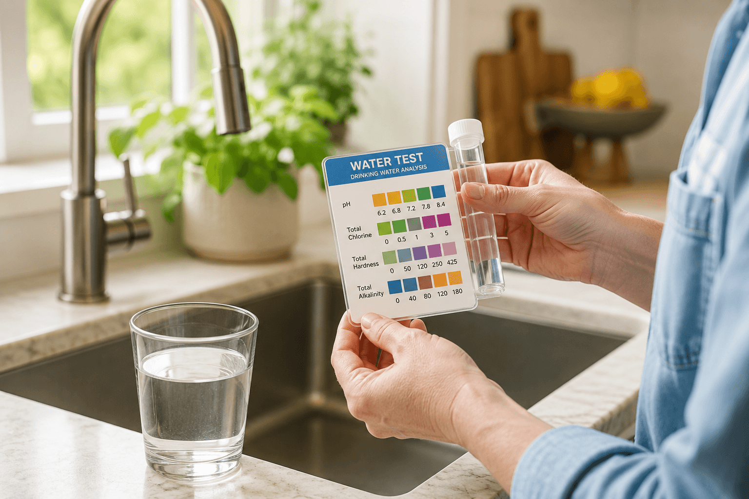 Homeowner testing well water quality with a drinking water analysis kit