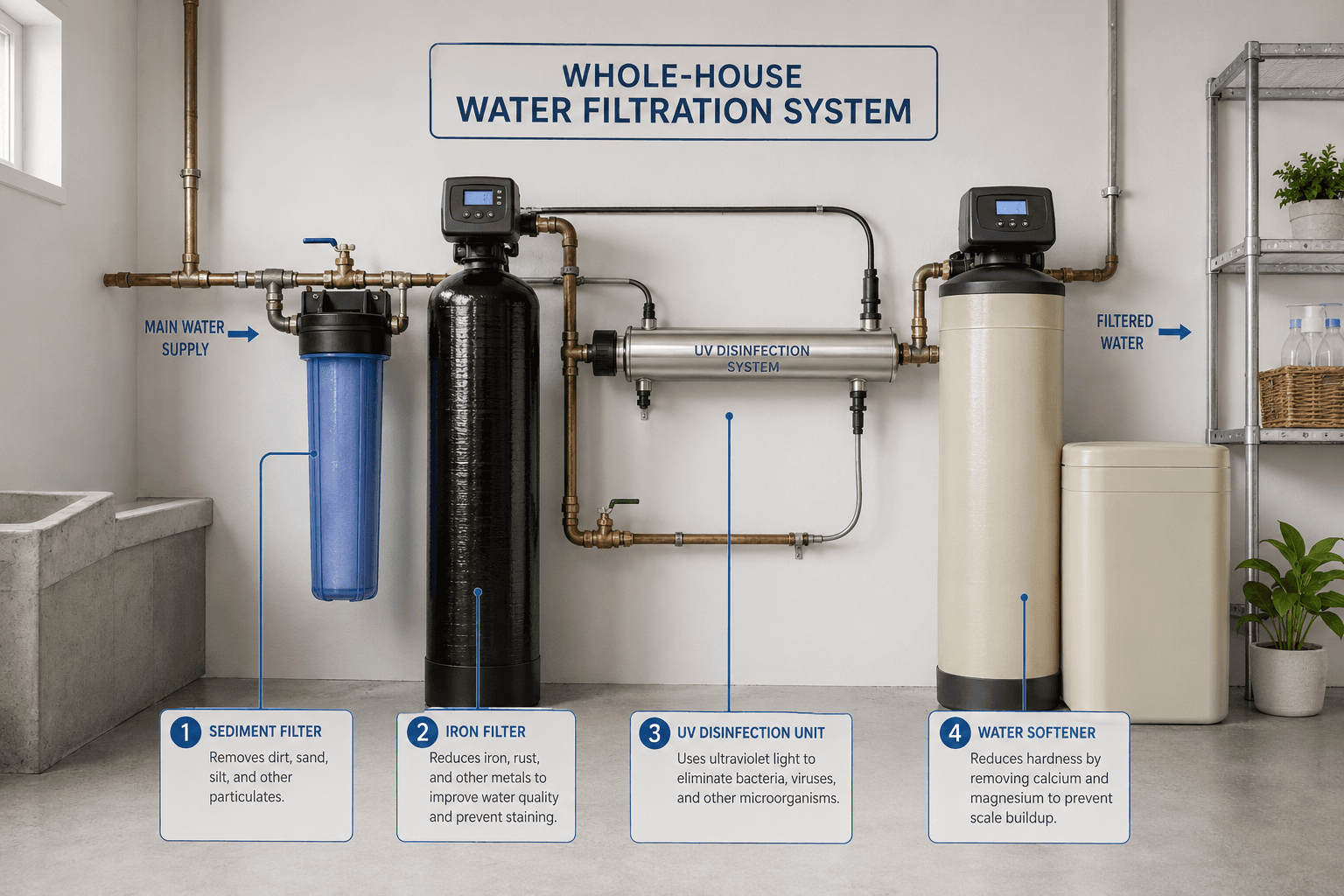Whole-house water filtration system diagram showing sediment filter, iron filter, UV disinfection unit, and water softener for East Texas well water