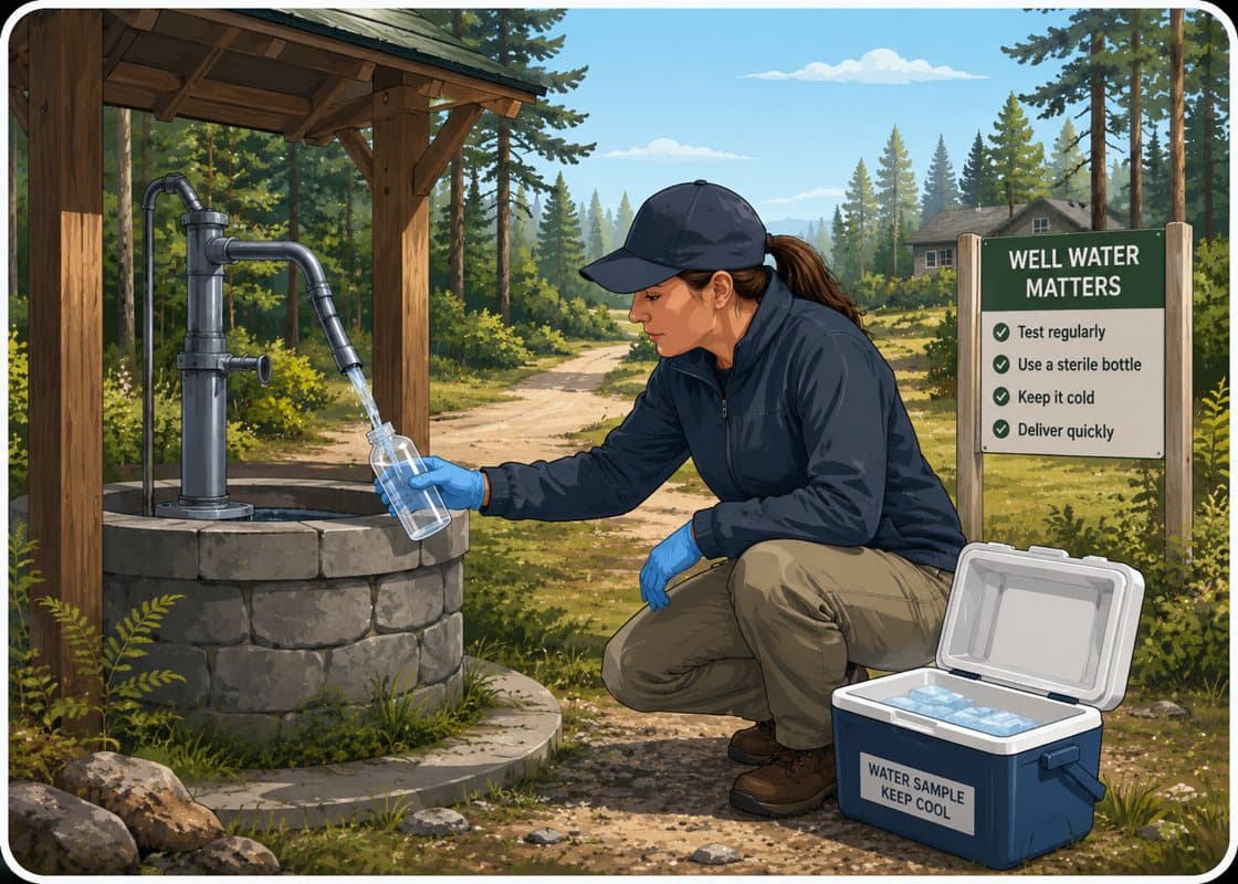 East Texas private well water testing sample bottle being filled at an outdoor well spigot with a cooler nearby.
